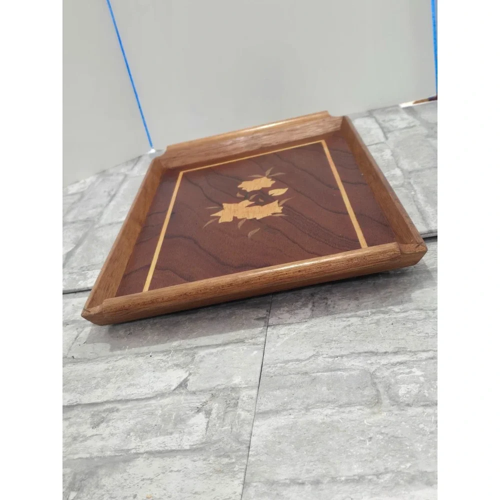 2 Vintage Mid Century Riekes Crisa Wood Inlay Tray Spline Joints Flower Motif